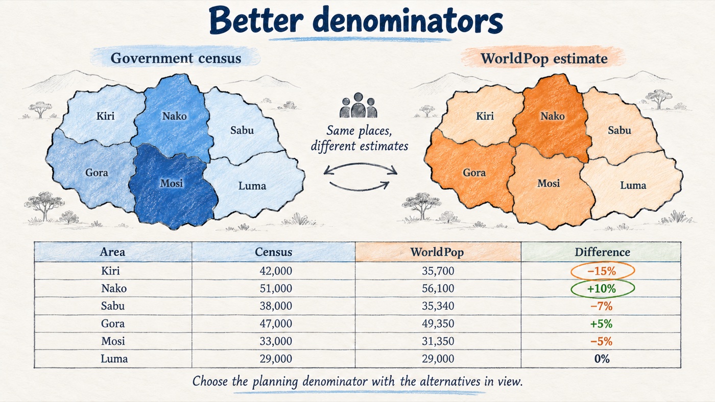Hand-drawn diagram titled 'Better denominators': the same six districts shaded twice, once by government census and once by WorldPop estimate, with a table comparing the two figures per district and the percentage difference between them