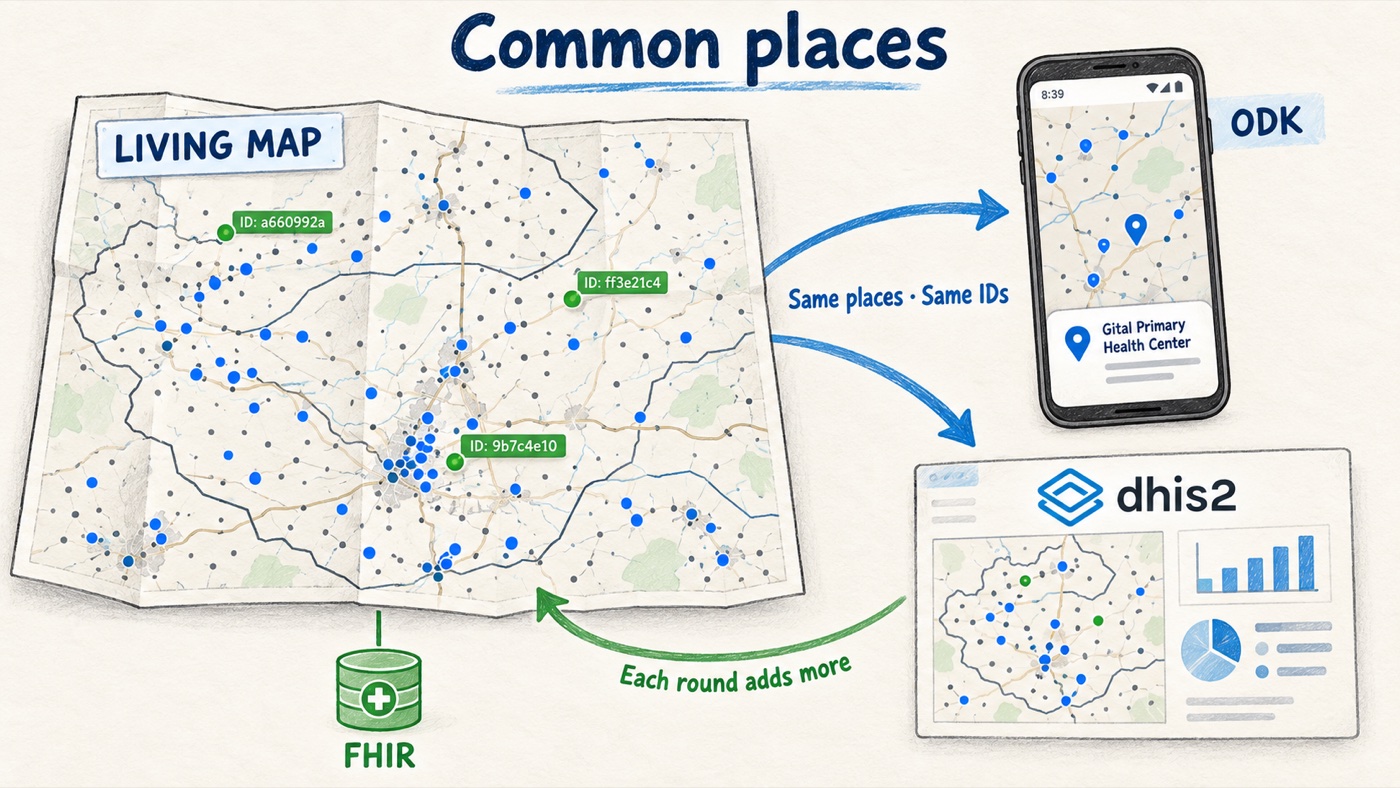 Hand-drawn diagram titled 'Common places': a living map of a district with stable place IDs feeds the same places and IDs into ODK on a phone and into a DHIS2 dashboard, and each round adds more back to the map through a FHIR store
